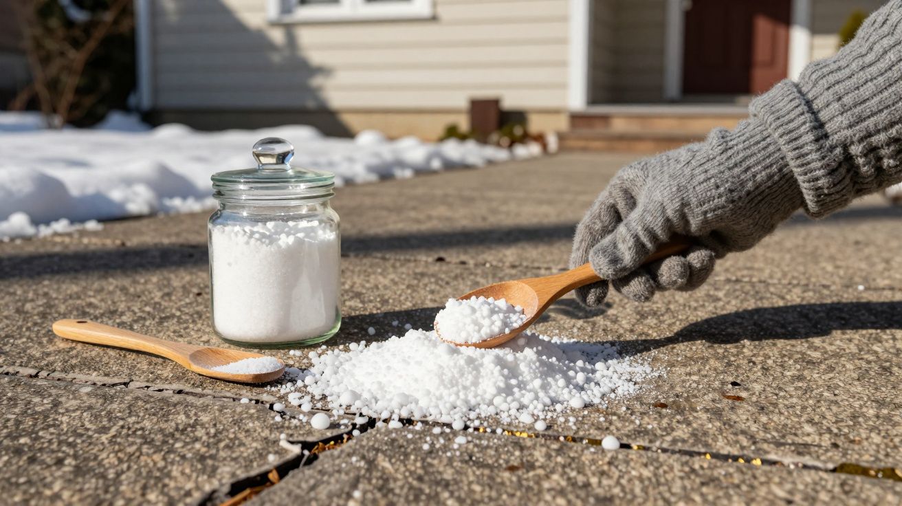 Mão com luva segurando colher de madeira espalhando sal em calçada, com vidro de sal ao lado, casa ao fundo.