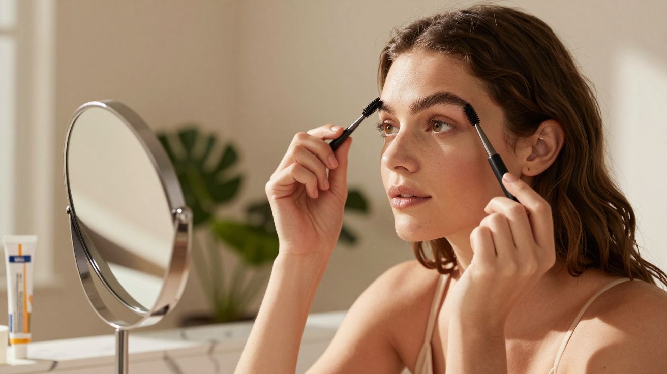 Mulher aplica maquiagem nas sobrancelhas diante de espelho redondo, com planta ao fundo.