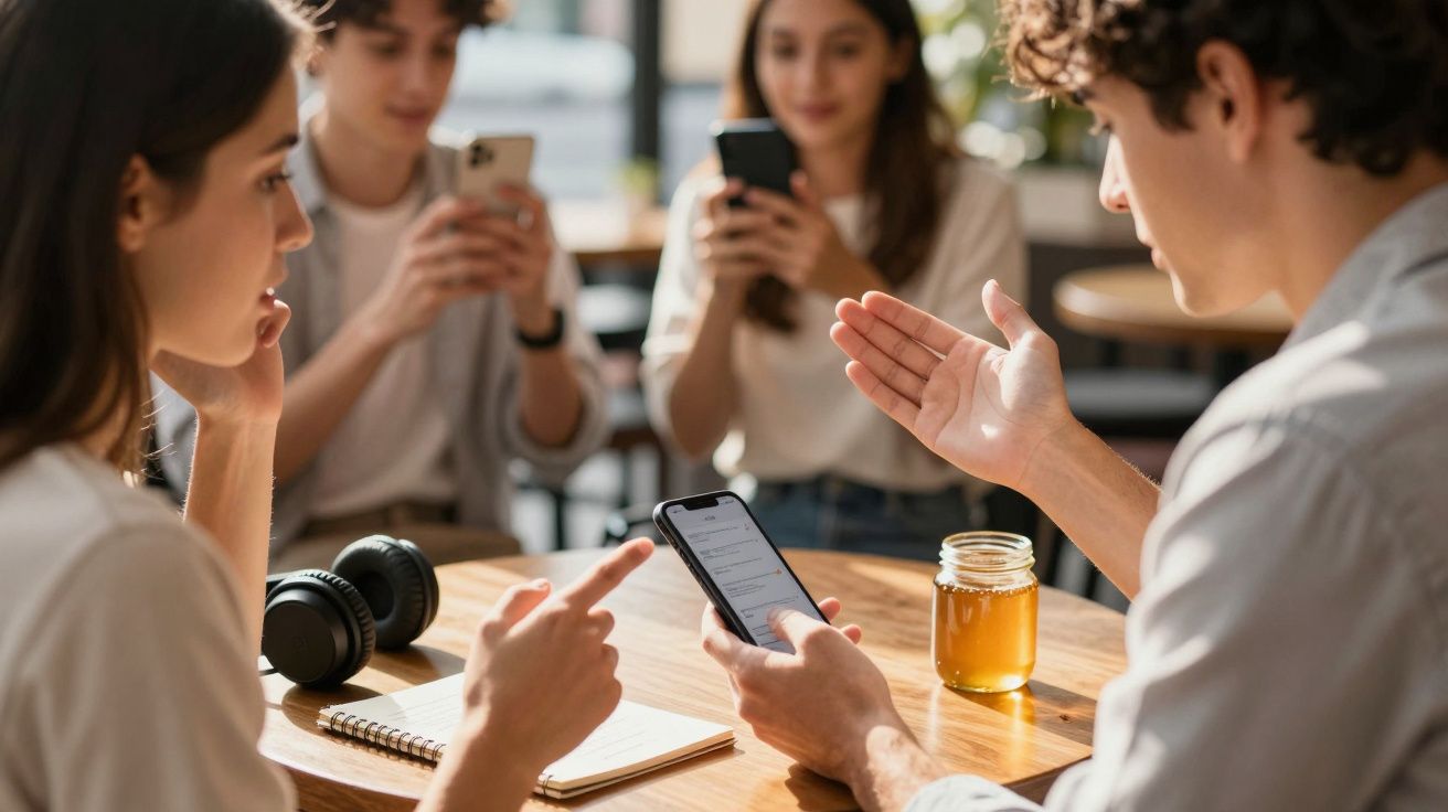 Grupo de jovens em café conversando e usando celulares, com caderno e fone de ouvido na mesa.