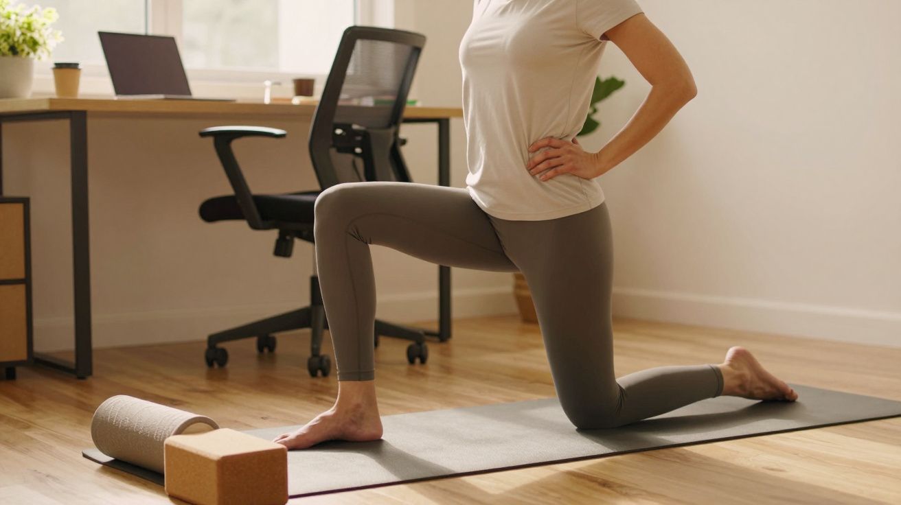 Pessoa praticando ioga em casa, ajoelhada em um tapete com rolo e bloco de espuma ao lado, escritório ao fundo.