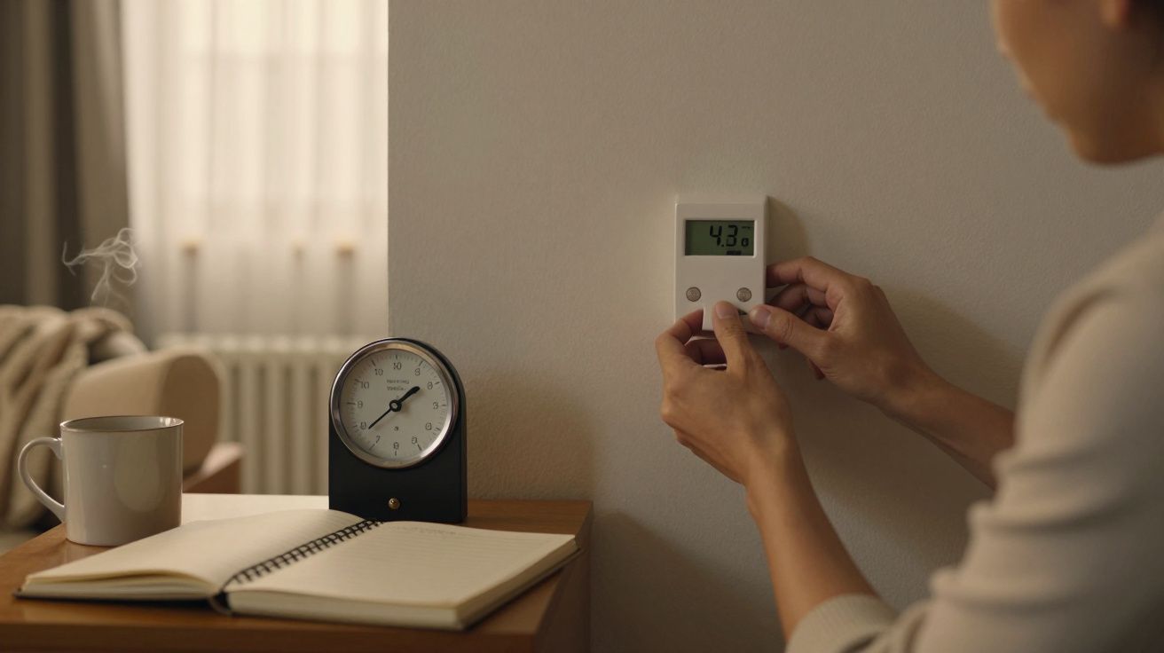 Pessoa ajustando termostato na parede ao lado de mesa com relógio, bloco de notas e xícara de café fumegante.