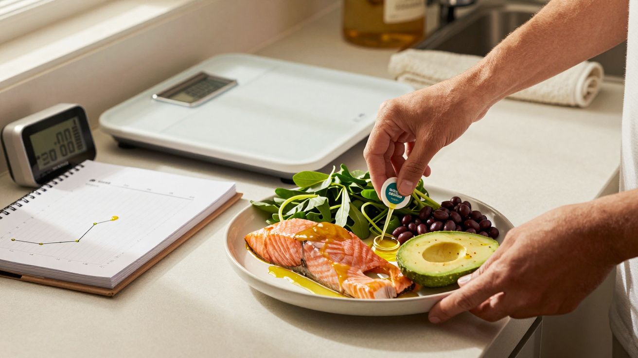 Pessoa prepara prato com salmão, abacate, espinafre e uvas em bancada de cozinha, balança digital ao fundo.