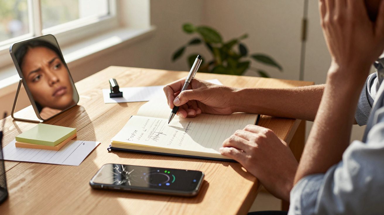 Pessoa escrevendo em caderno enquanto participa de videochamada em smartphone, com janelas ao fundo e mesa organizada.