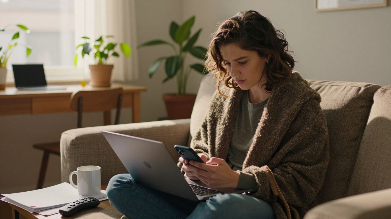 Mulher sentada no sofá, usando laptop e celular, com uma bebida e controles remotos ao lado, em ambiente iluminado.