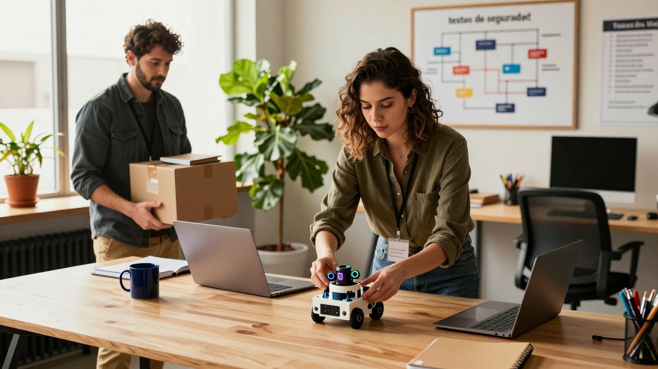 Mulher ajusta robô em mesa de escritório com laptops; homem ao fundo segura caixa.