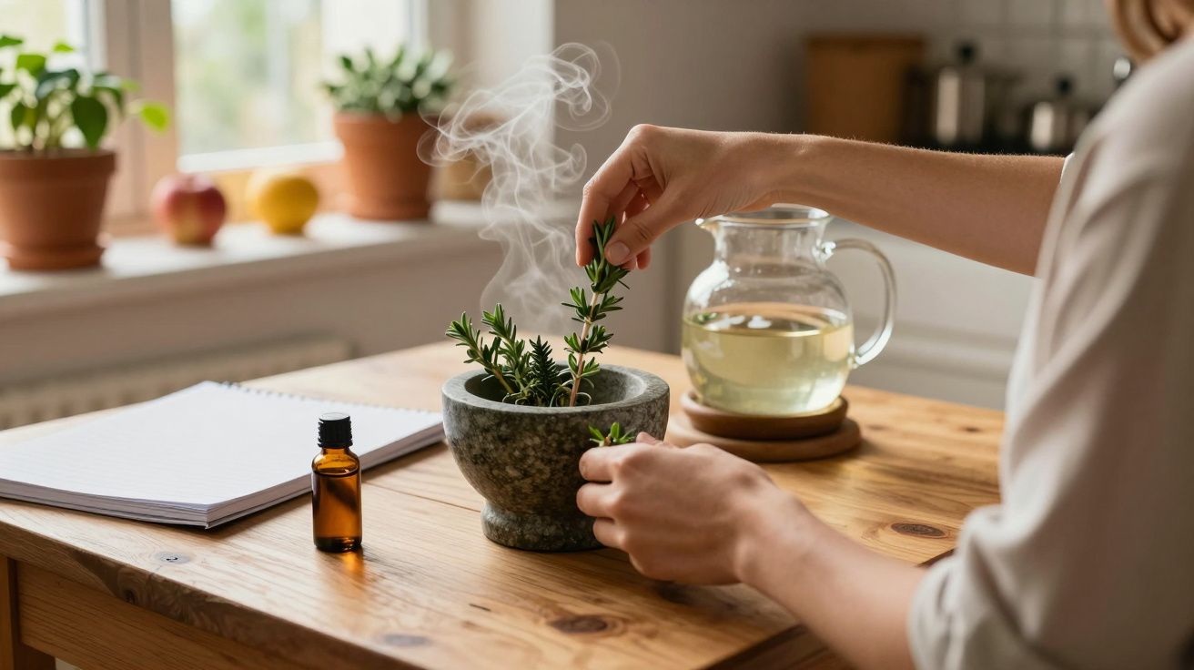 Pessoa preparando infusão de ervas frescas em pilão, com óleo essencial ao lado, em mesa de madeira.