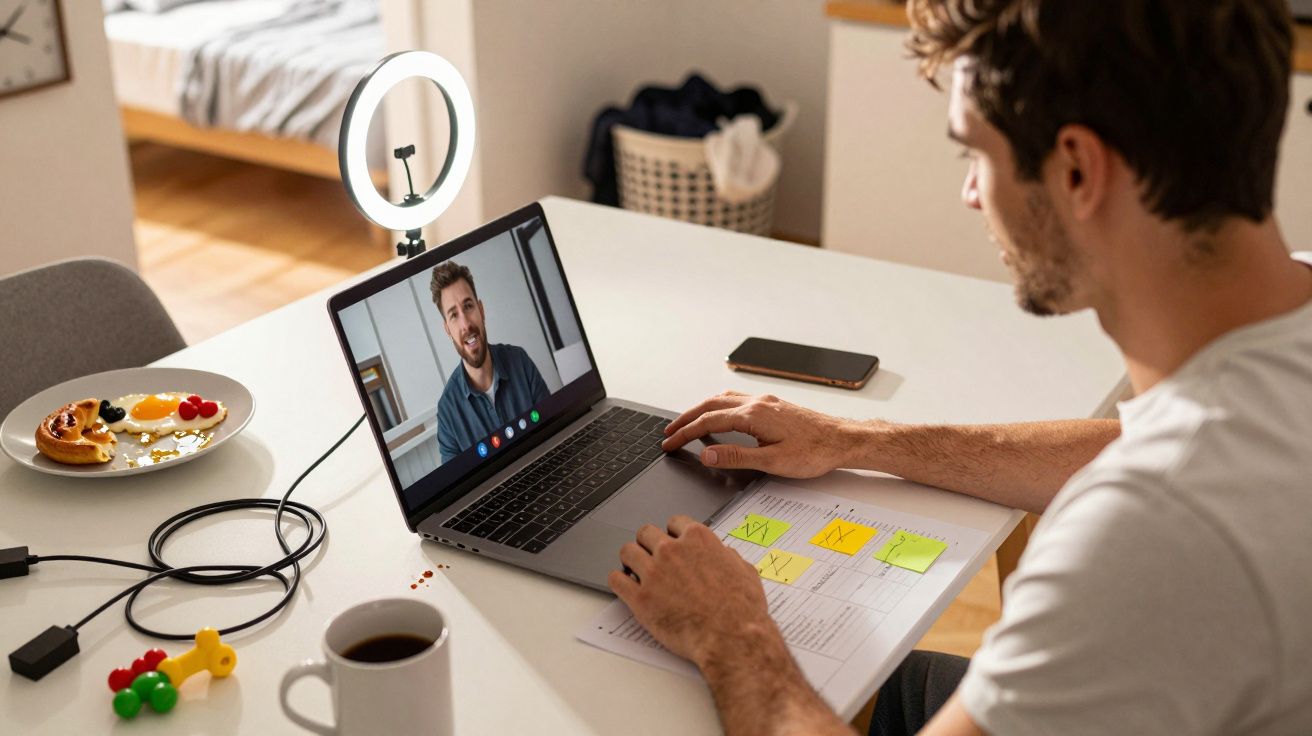Homem em videochamada no laptop, sentado à mesa com caderno, café e brinquedos ao redor, com ring light ao fundo.