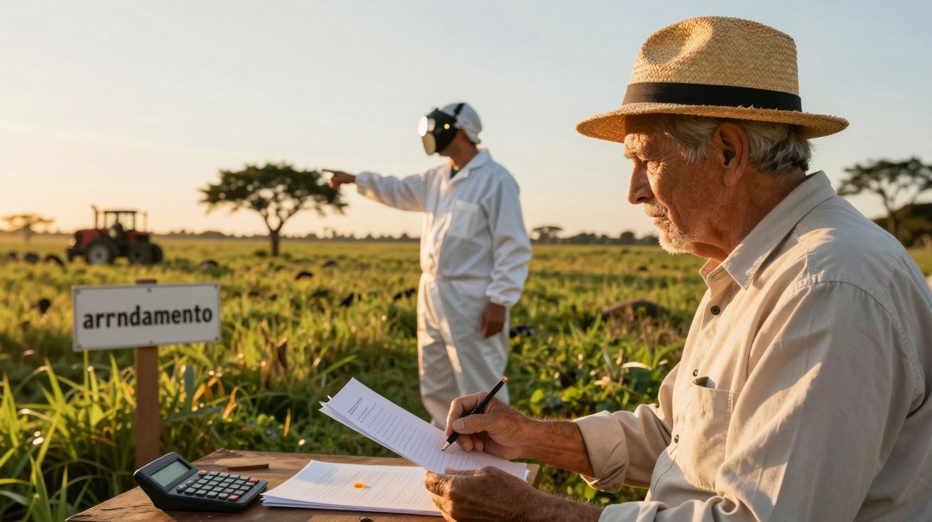 Homem idoso assina documentos em campo com placa "arrendamento". Outro homem aponta ao longe com trator ao fundo.