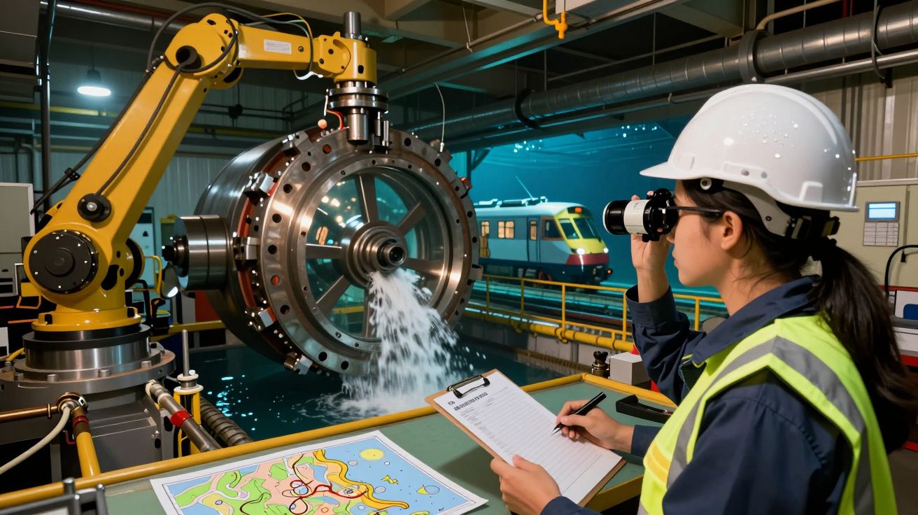 Engenheira observa máquina industrial com água fluindo enquanto anota em prancheta; trem ao fundo.