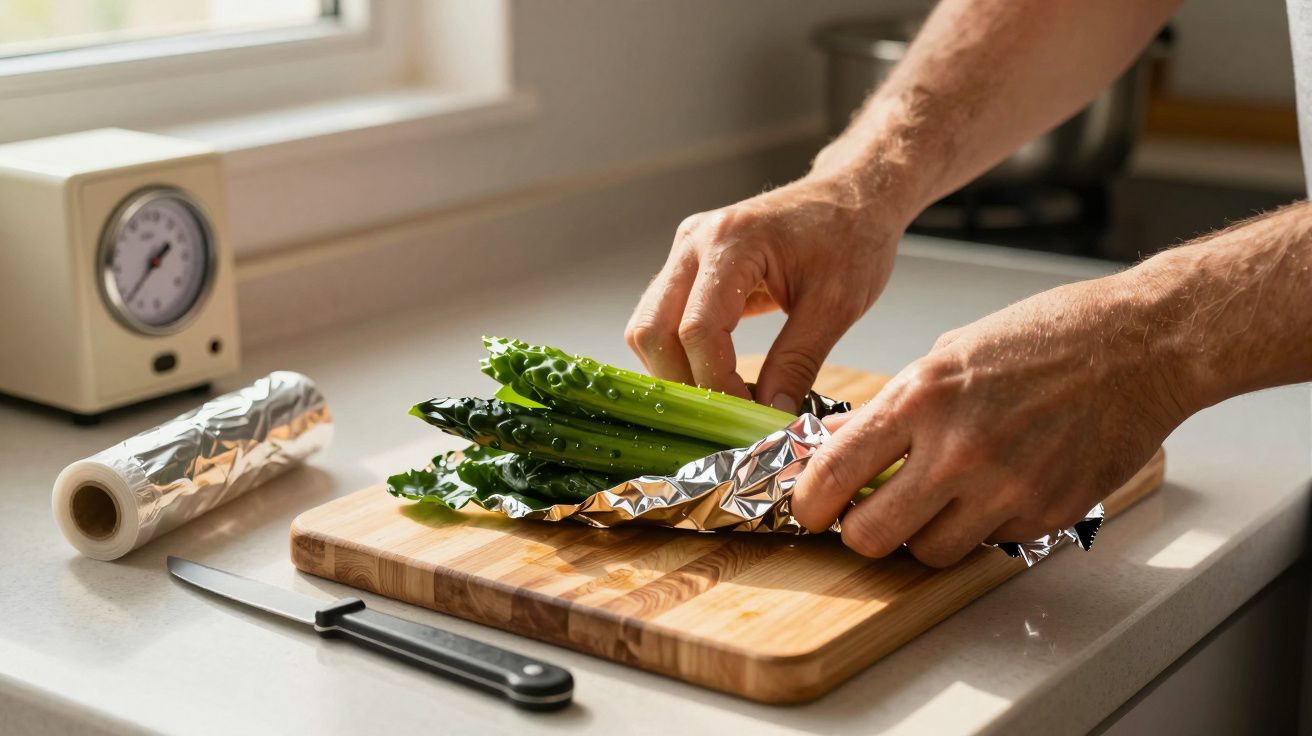 Mãos embrulham talos de aipo em papel alumínio sobre tábua de cortar, ao lado de faca e rolo de papel alumínio.