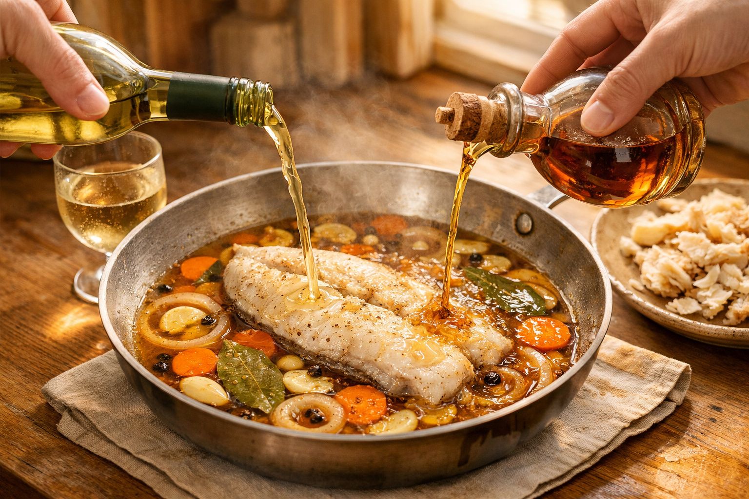 Pessoa adiciona azeite a uma panela com cebolas e cenouras, enquanto outra serve carne em um prato ao lado de taça de vinho.