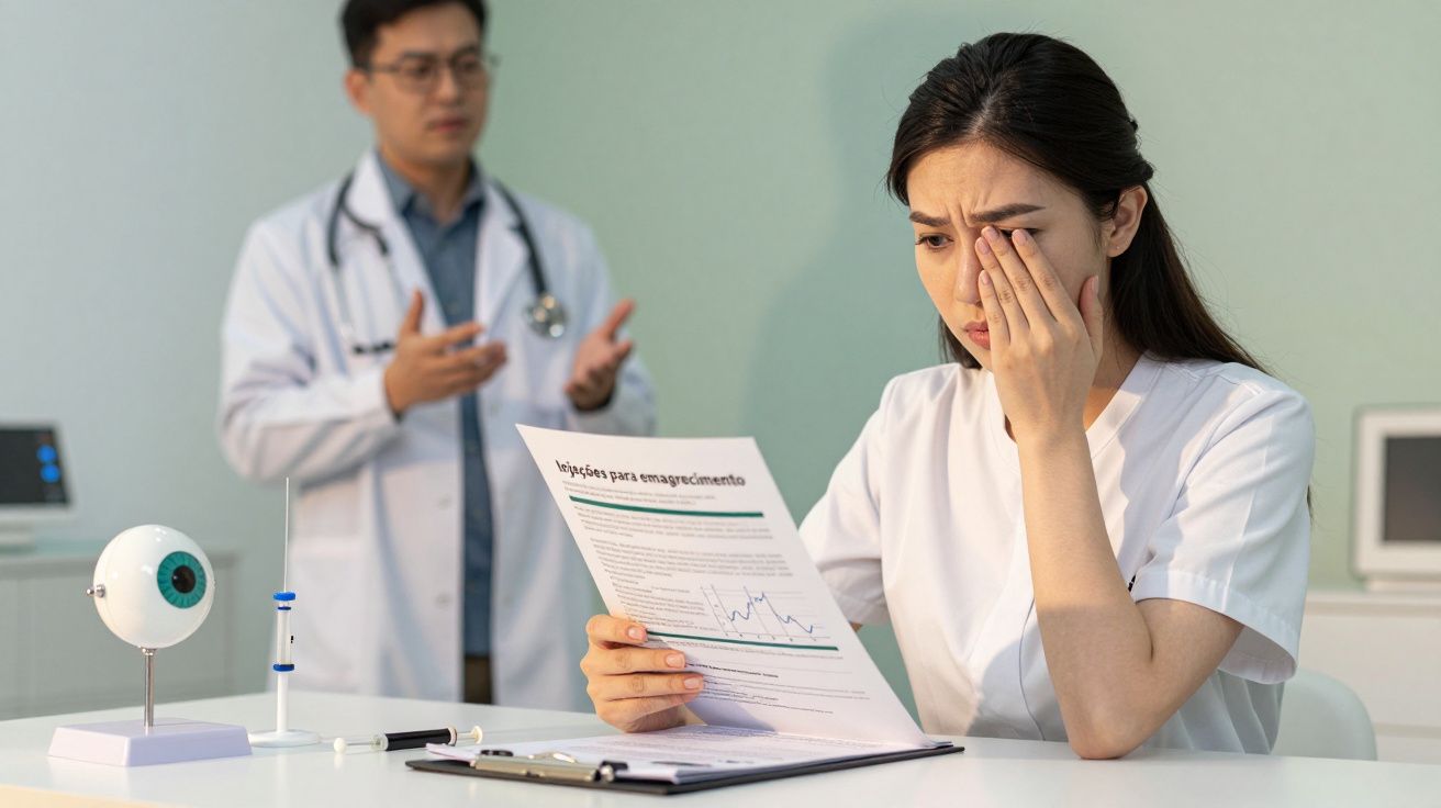 Mulher consulta documento médico preocupada, enquanto médico ao fundo gesticula.