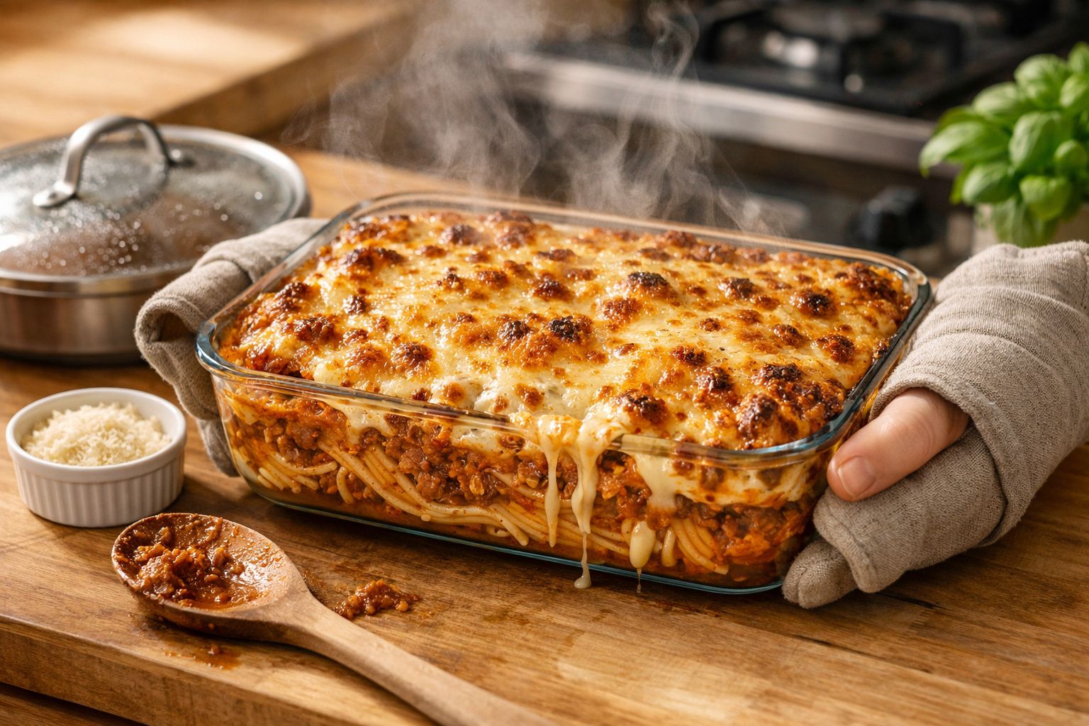 Mão servindo lasanha com queijo derretido e carne em um prato retangular, com molho ao lado.