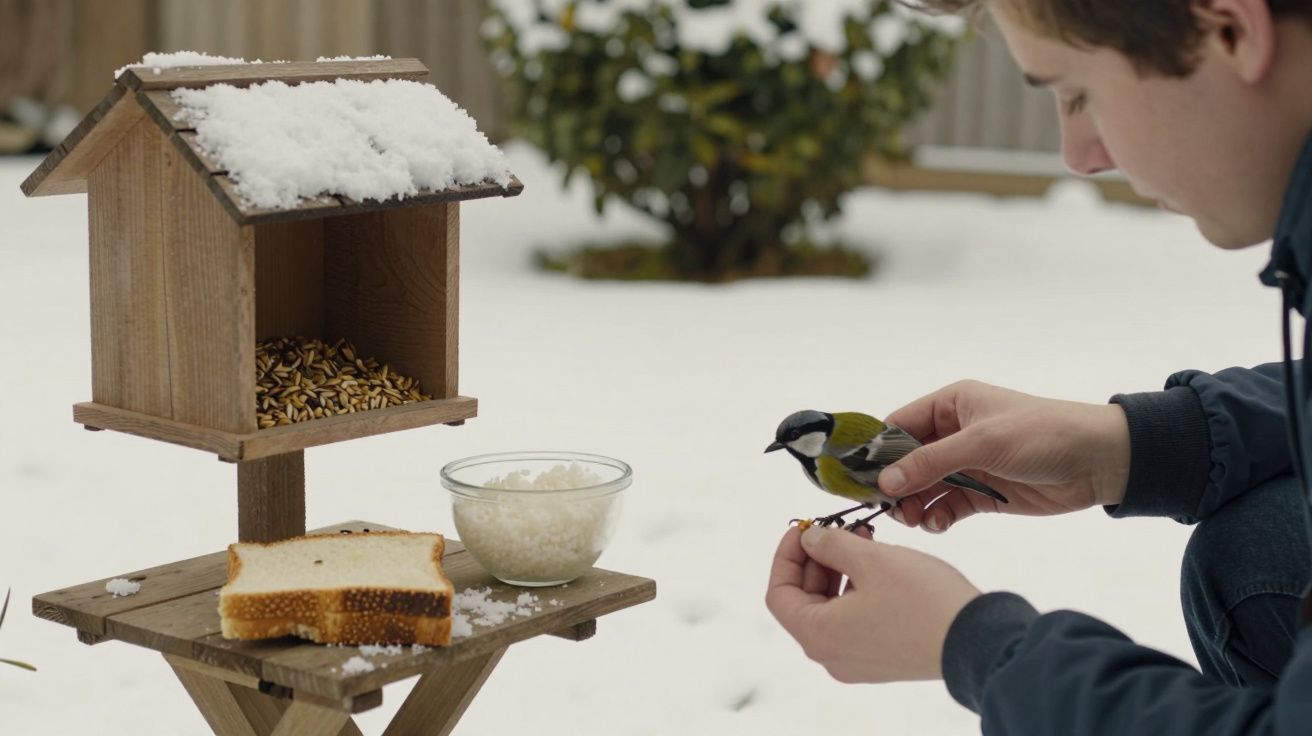 Homem alimentando um pássaro em uma mão perto de uma casinha de passarinho coberta de neve, com tigela de arroz e pão.