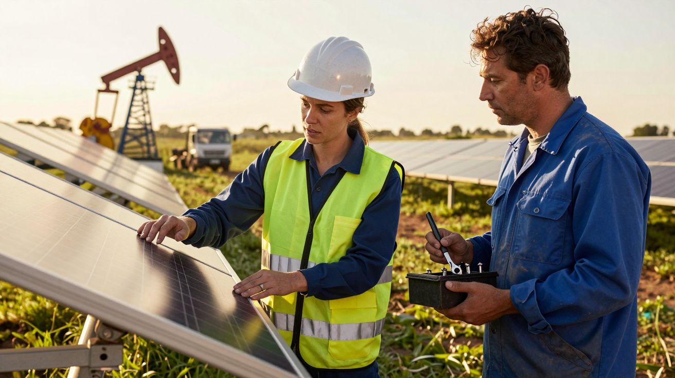 Dois trabalhadores inspecionam painéis solares em campo com equipamento de trabalho.