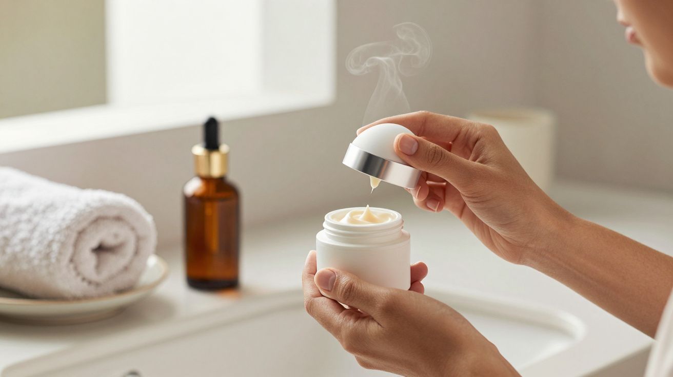 Mãos segurando pote de creme branco aberto, com toalha e frasco âmbar ao fundo em bancada de banheiro.