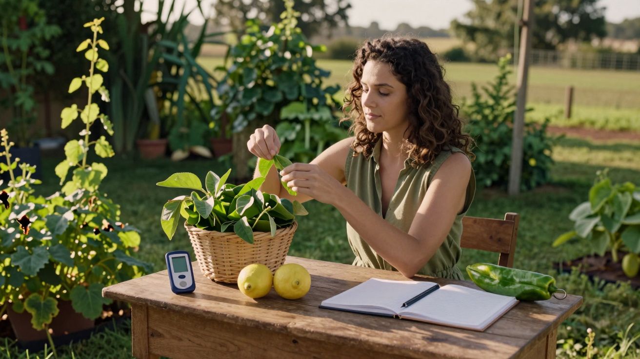 Mulher sentada em mesa no jardim, olhando planta em cesto; caderno, limões e dispositivo ao lado.