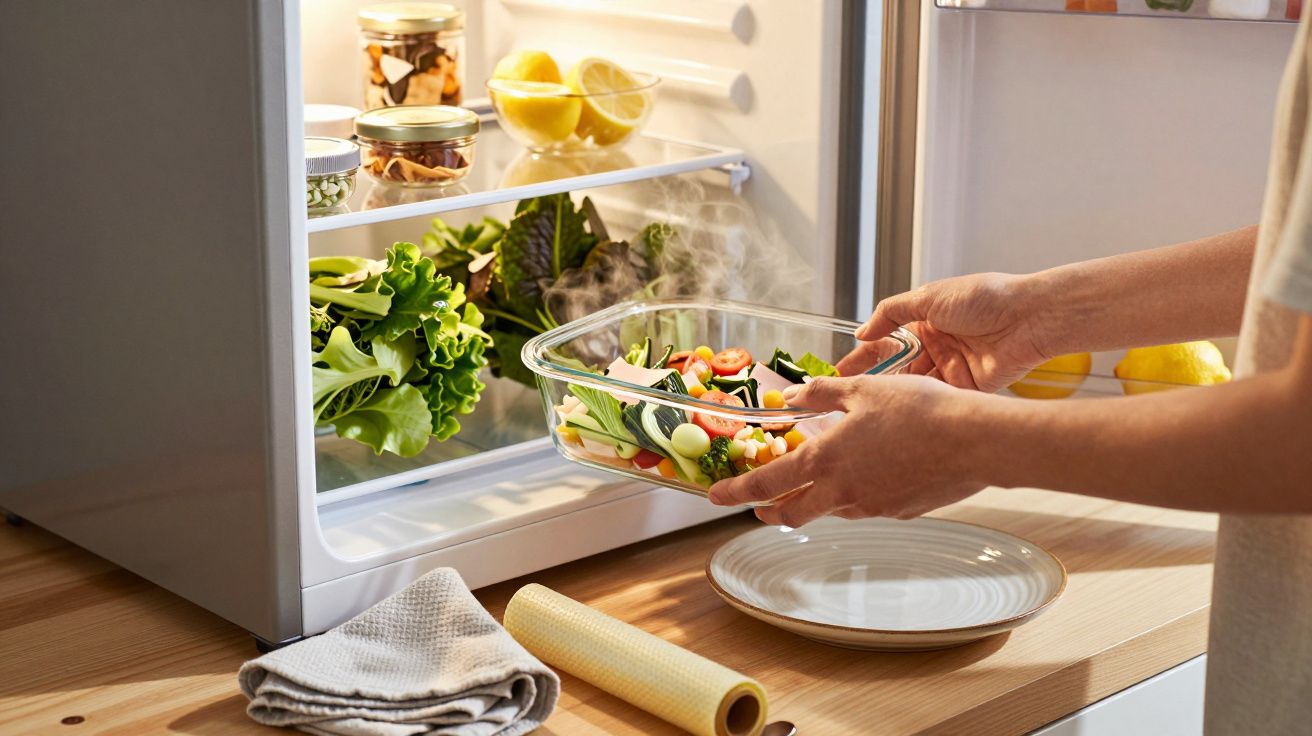 Pessoa colocando prato de legumes no vapor em frente à geladeira aberta com verduras e potes de vidro.