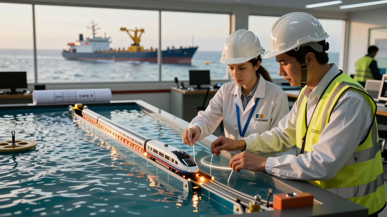 Dois engenheiros de capacete manipulam um modelo de trem em água em laboratório, navio ao fundo na janela.