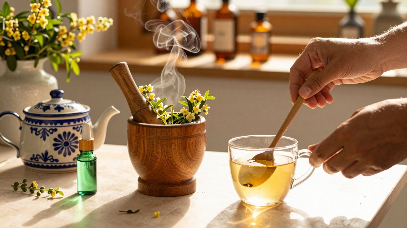 Mãos mexendo chá em copo transparente; almofariz com ervas, garrafa verde e bule decorativo ao fundo.