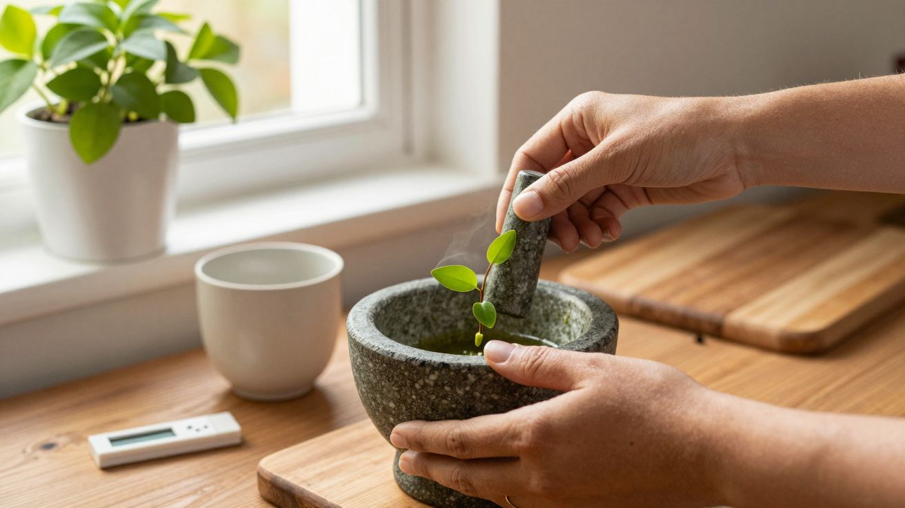 Mãos usando pilão de pedra com ervas, planta e caneca branca ao fundo em uma bancada de madeira.