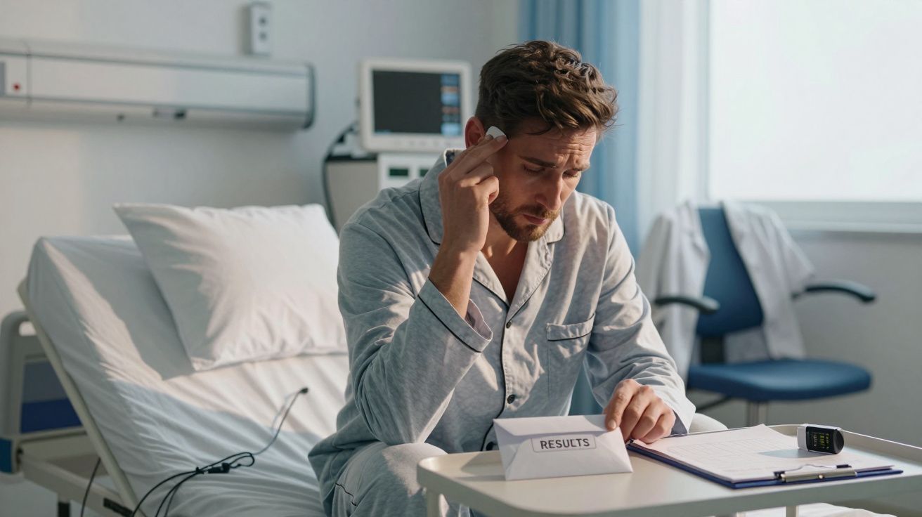 Homem em pijama sentado em quarto de hospital, olhando preocupado para envelope de resultados em mesa à sua frente.