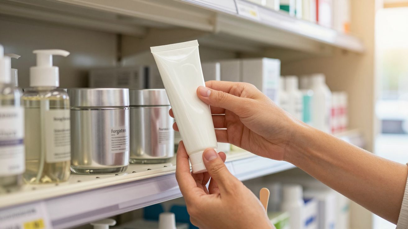 Pessoa segurando tubo de creme branco em prateleira de loja de cosméticos.
