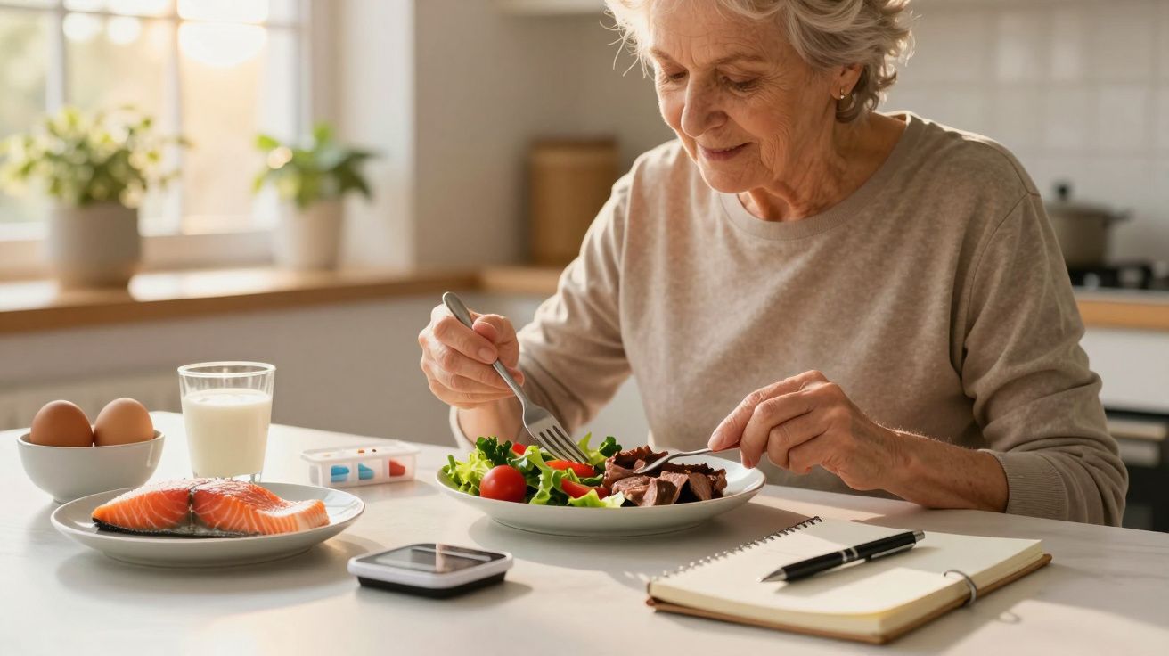Idosa comendo salada e carne em uma cozinha bem iluminada, com caderno, caneta, salmão e ovos na mesa.