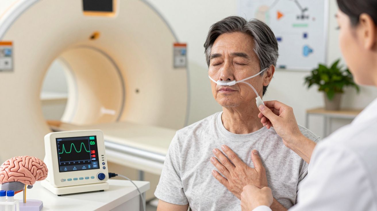 Homem de olhos fechados com máscara de oxigênio e mão no peito, enquanto médico ajusta máscara em hospital. Scanner ao fundo.