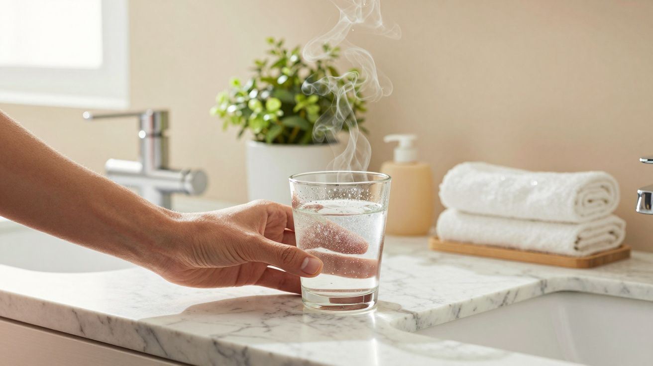 Mão segura um copo de água quente soltando vapor, sobre pia de mármore, com toalhas e planta ao fundo.