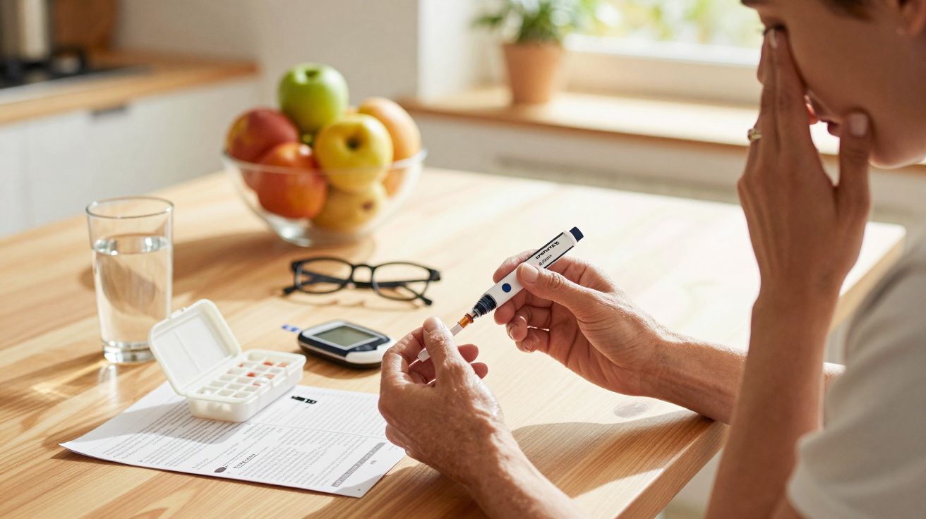 Pessoa medindo glicose em casa, com frutas, água, óculos e dispositivos médicos sobre a mesa.