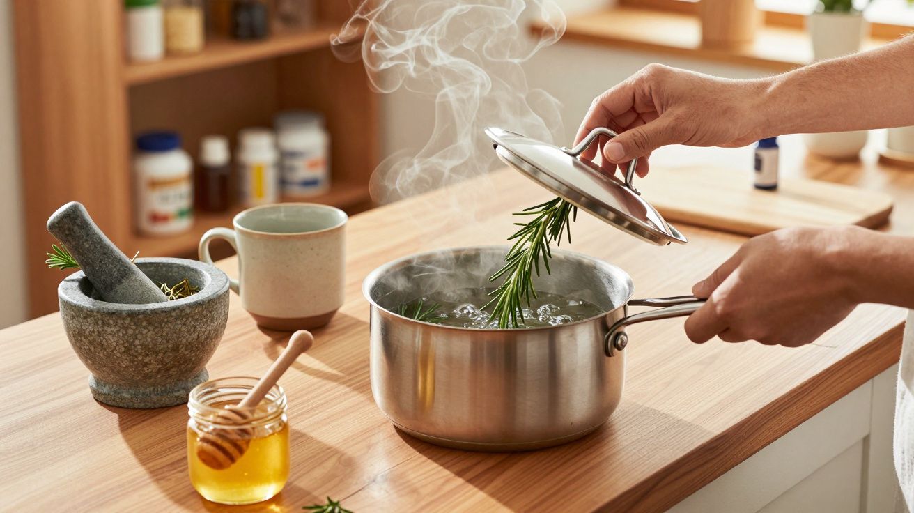 Pessoa cozinha alecrim em panela de inox; vapor sobe. Pote de mel e almofariz ao lado em bancada de madeira.