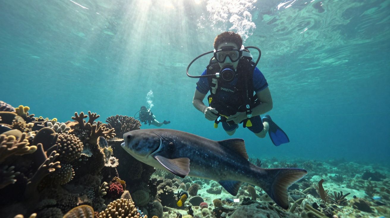 Mergulhador observando peixes entre corais em águas cristalinas, sob luz solar suave.