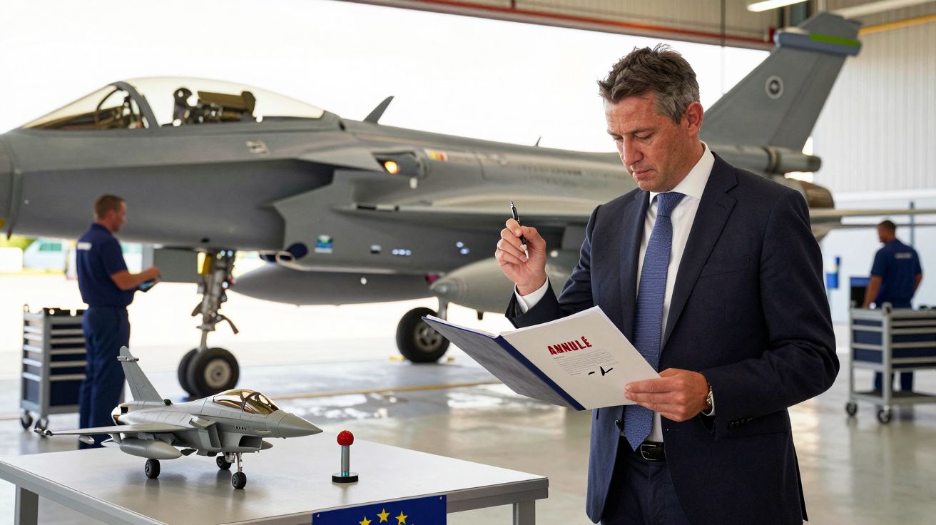 Homem de terno analisa documento em hangar com caça militar ao fundo e miniatura de avião sobre a mesa.