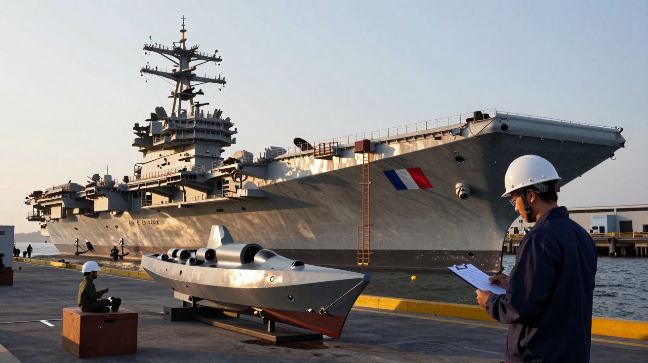 Porta-aviões atracado com bandeira francesa, trabalhadores com capacetes supervisionam equipamento no cais ao entardecer.