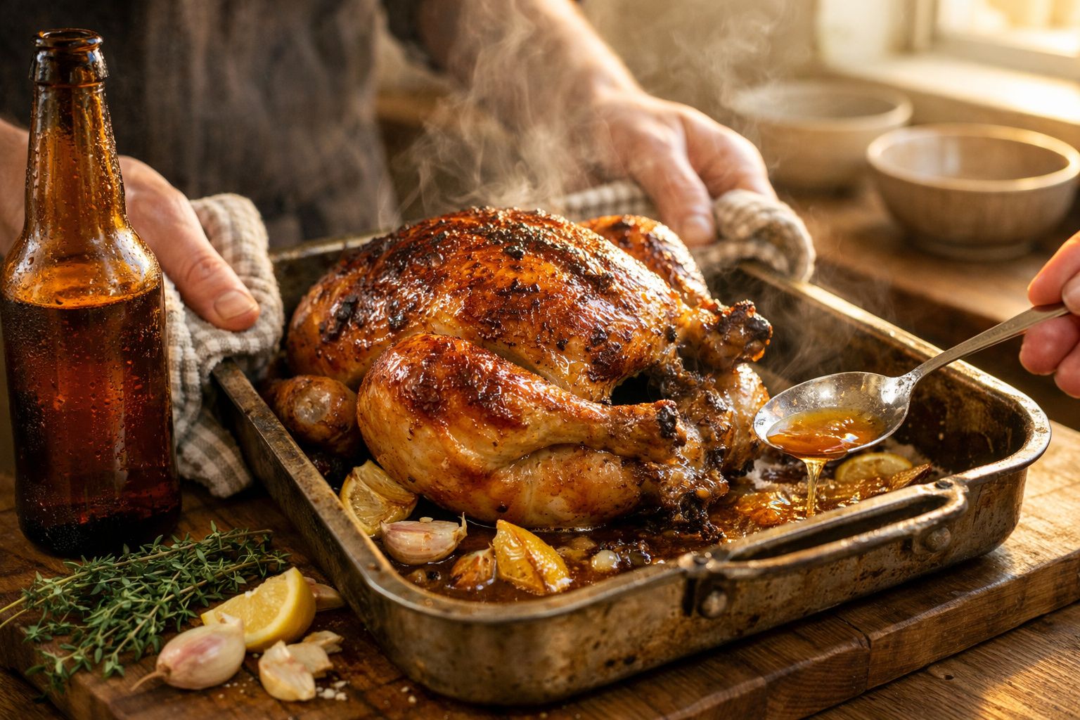 Frango assado em uma assadeira com limões e ervas, sendo regado com molho quente.