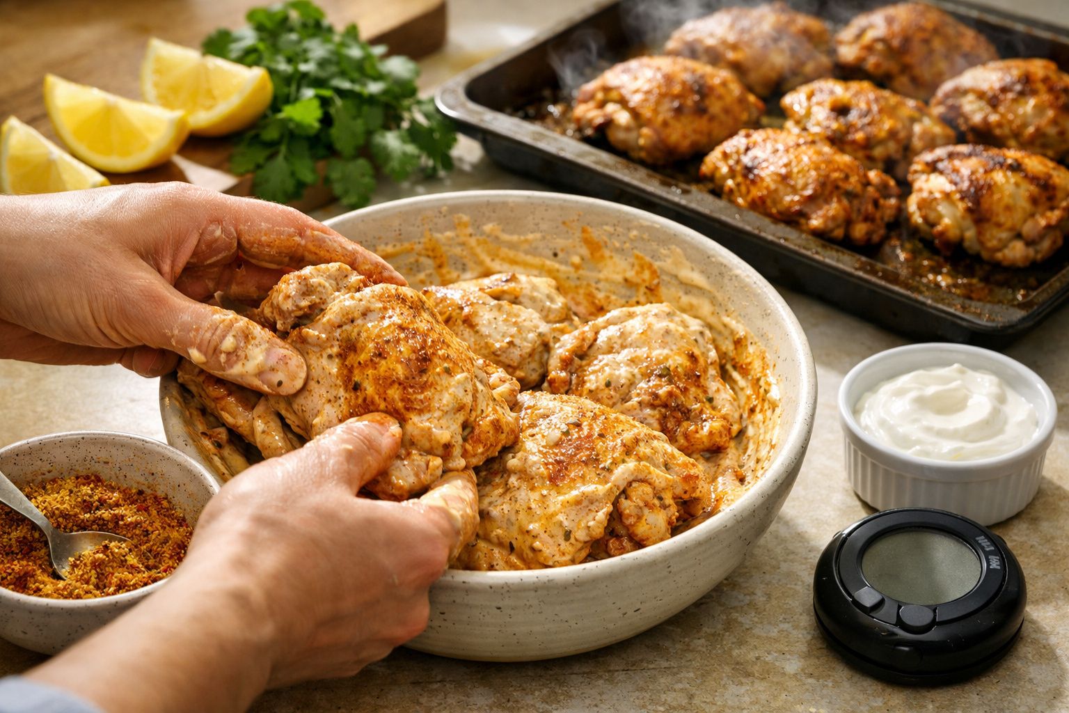 Pessoa servindo molho sobre pedaços de frango assado com tempero. Ao lado, tigela e fatias de limão.