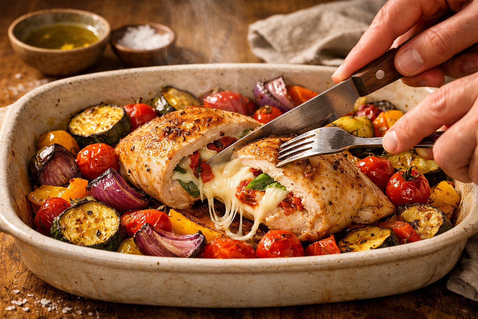 Frango recheado com queijo derretido e legumes assados no forno, sendo cortado com faca e garfo.