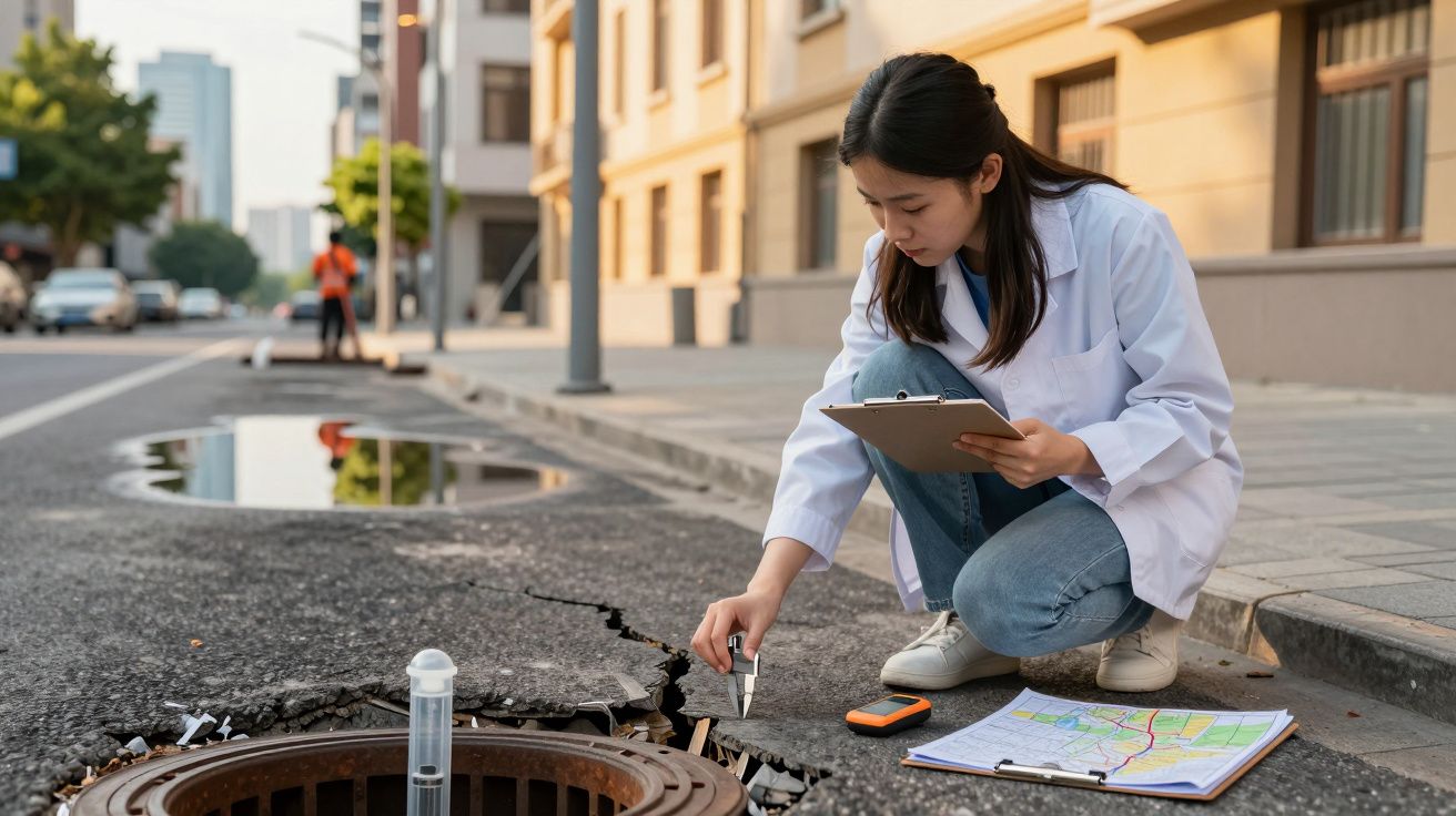 Mulher analisando rachaduras no asfalto com prancheta e mapa, ao lado de bueiro aberto em uma rua urbana.