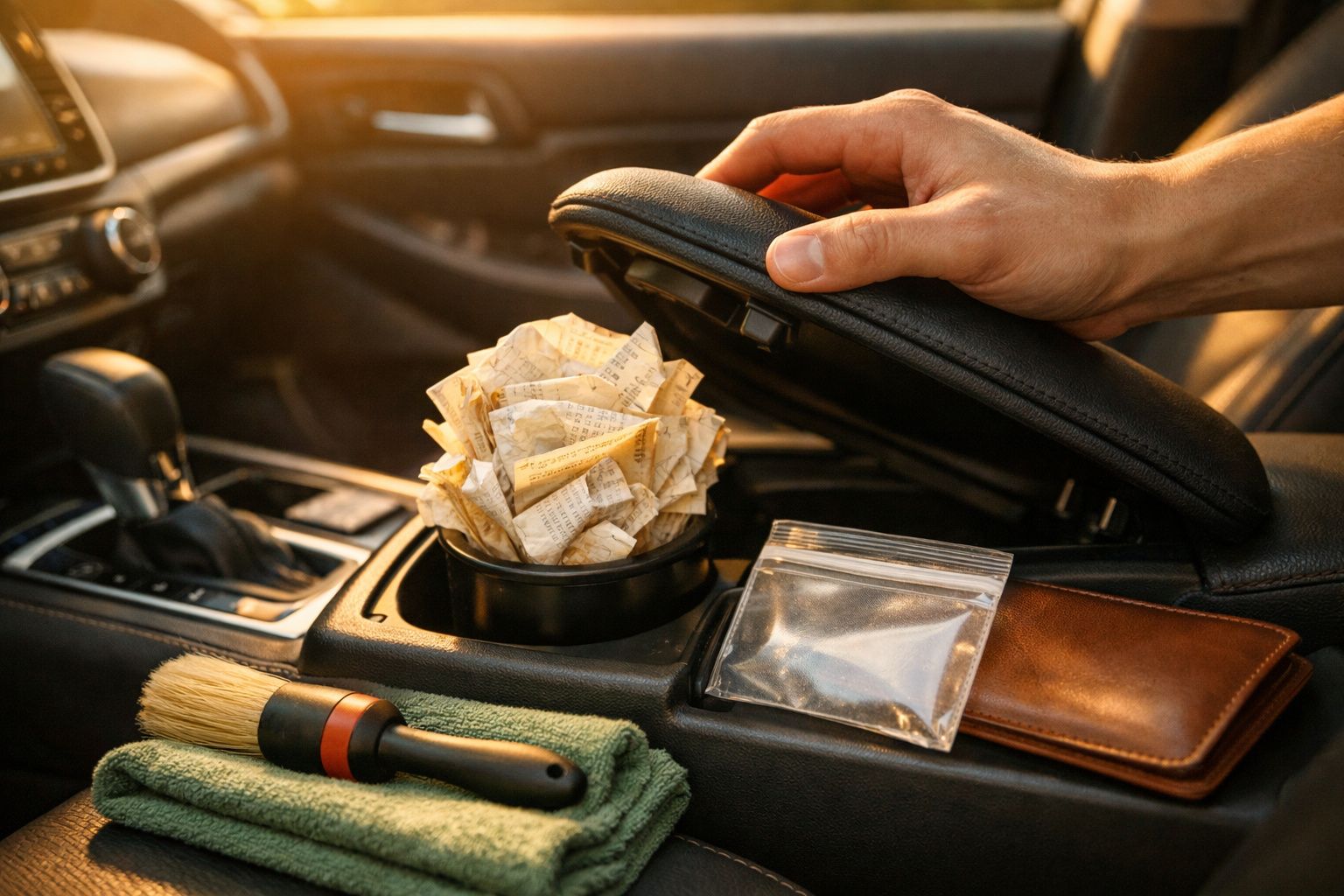 Mão abrindo console de carro com lixo de recibos. Escova, pano e carteira ao lado.