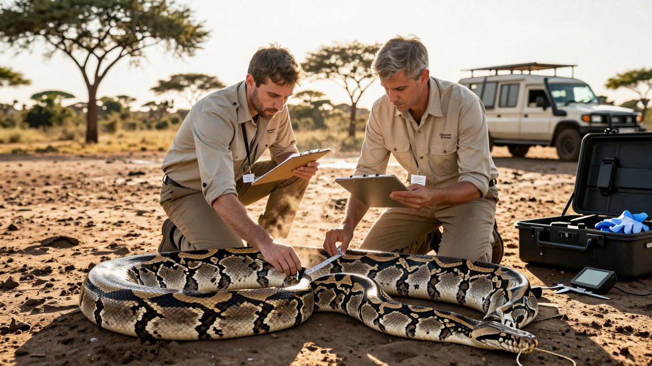 Cientistas medem uma serpente grande no solo de uma savana, com árvores ao fundo e um veículo ao lado.