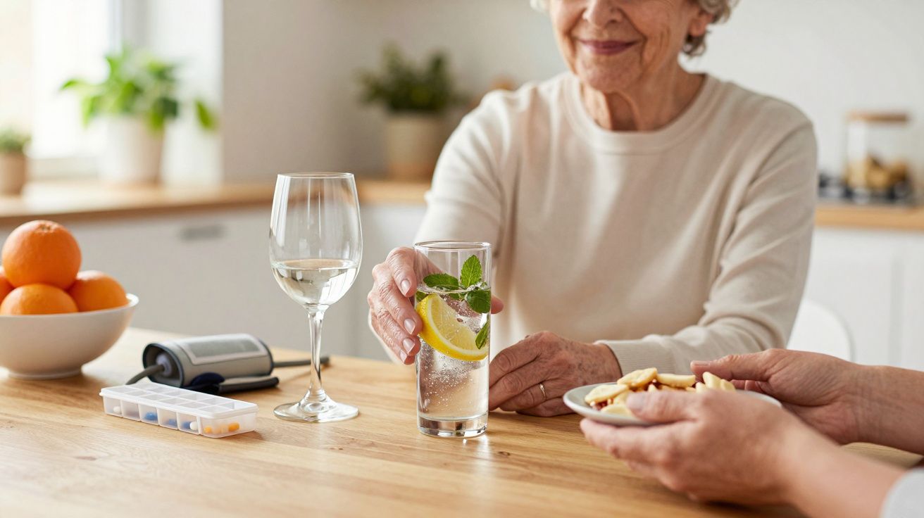 Idosa segura um copo de água com limão e hortelã à mesa, ao lado de um organizador de pílulas e um prato com biscoitos.