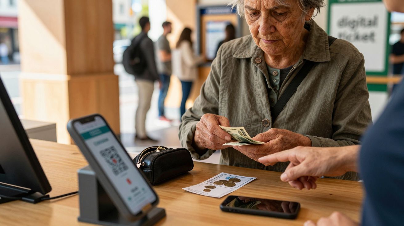 Idosa manuseia dinheiro em balcão, com bolsa e celular ao lado, enquanto alguém aponta para moedas na mesa.