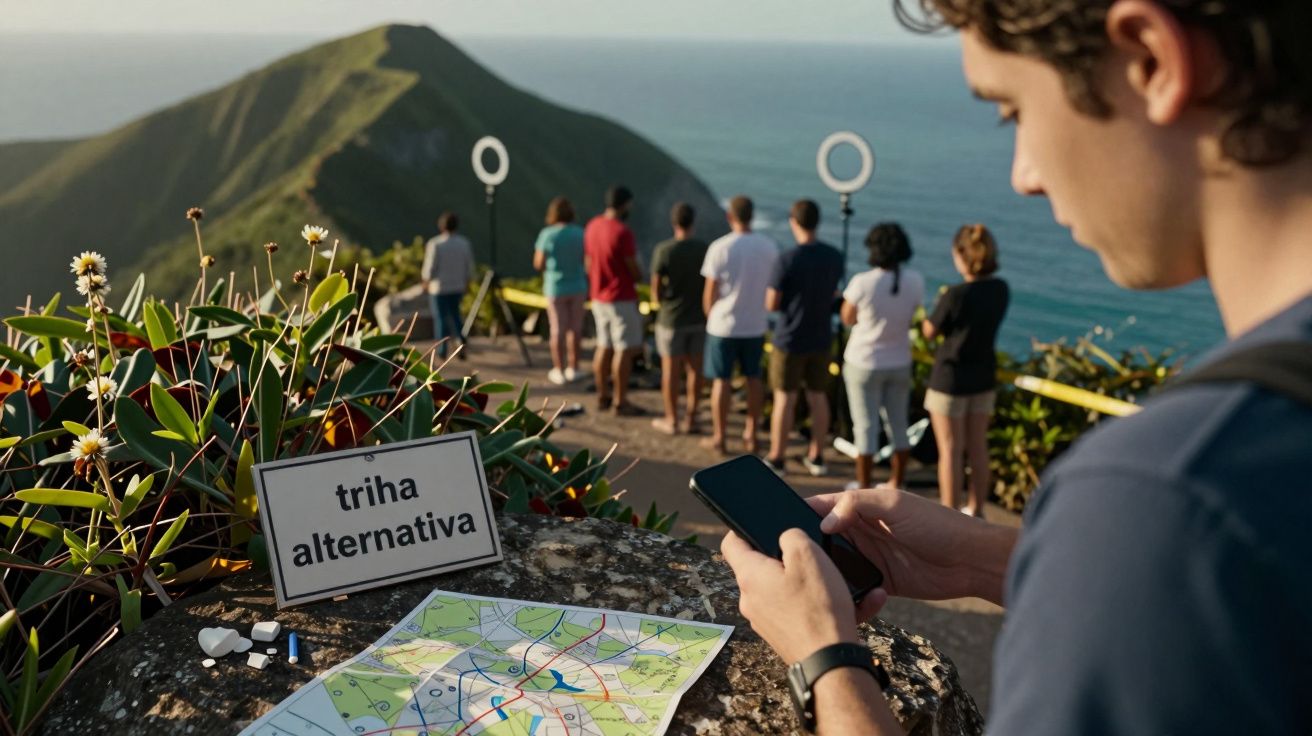 Jovem olha o celular em frente a uma placa de "trilha alternativa" e mapa; pessoas observam paisagem ao fundo.