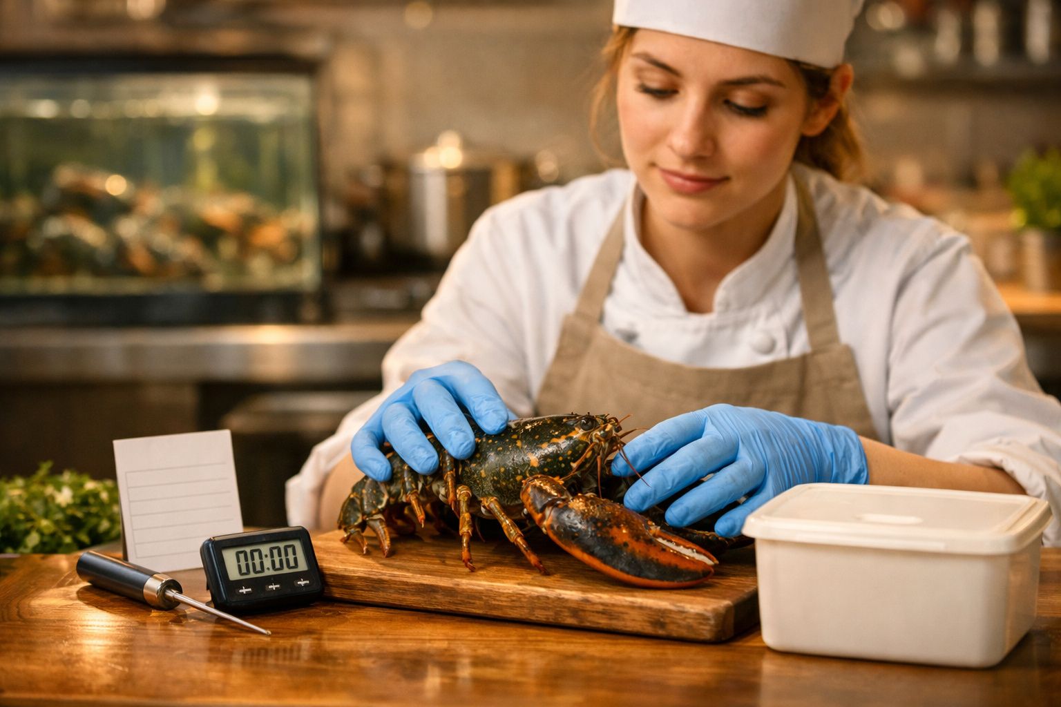 Chef com luvas azuis prepara lagosta em uma tábua de madeira em cozinha profissional.