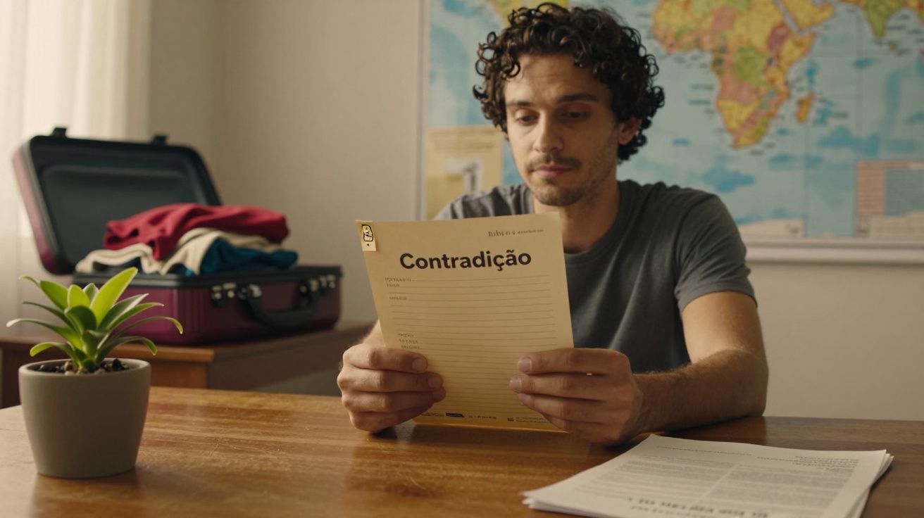 Homem lendo documento chamado "Contradição" em mesa, com mala aberta e planta ao fundo. Mapa-múndi na parede.