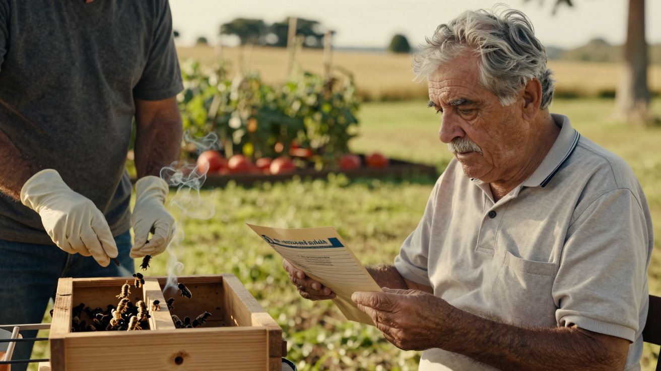 Homem lê papel em um campo, ao lado de caixa de abelhas e pessoa com luvas mexendo nelas.