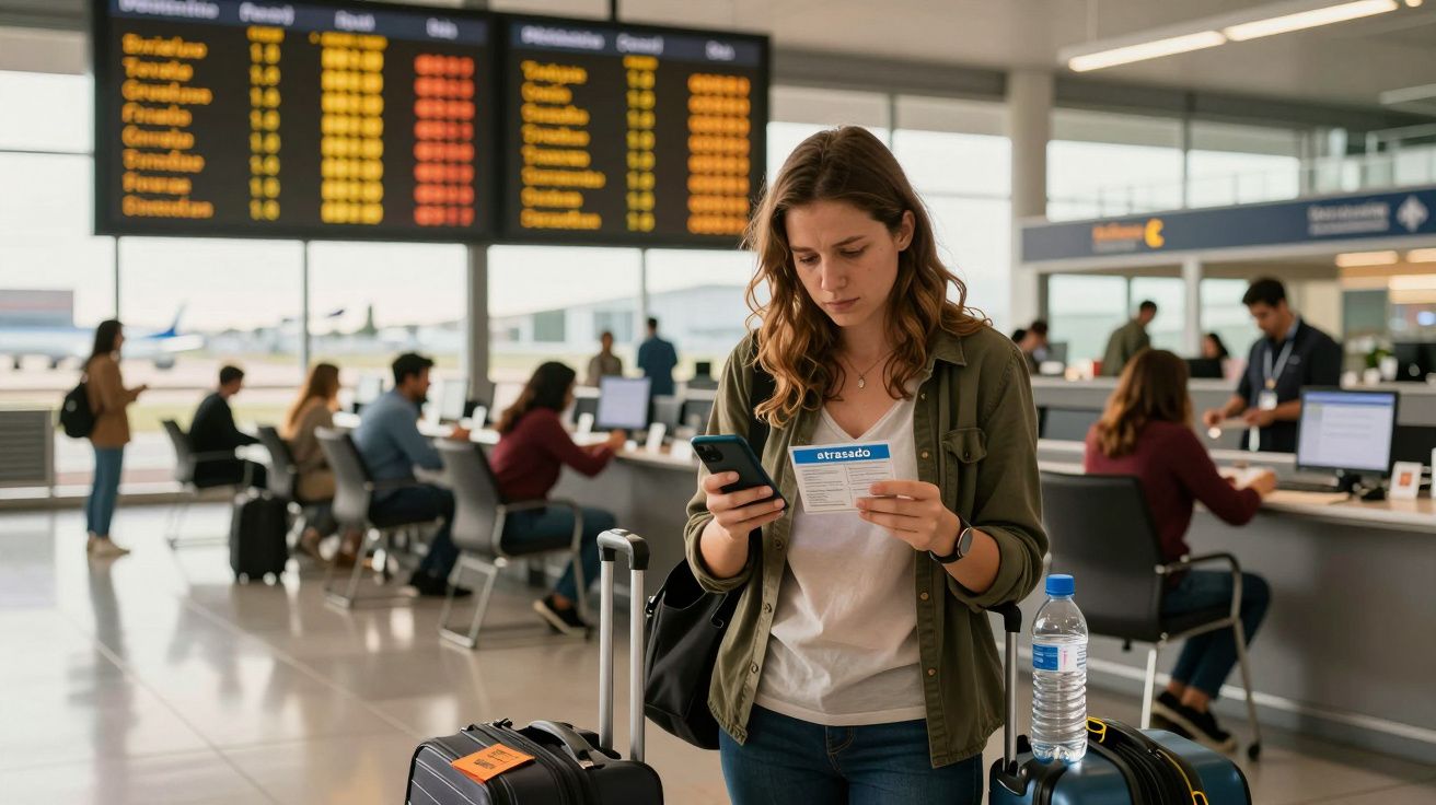 Mulher em aeroporto olhando celular e cartão de embarque com malas ao redor. Painel ao fundo mostra voos atrasados.