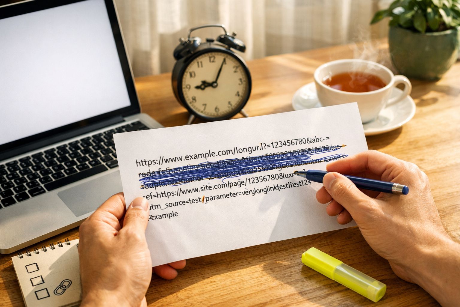 Pessoa segurando papel com URL grande, rabiscando com caneta azul em mesa de escritório. Relógio, laptop e chá ao fundo.