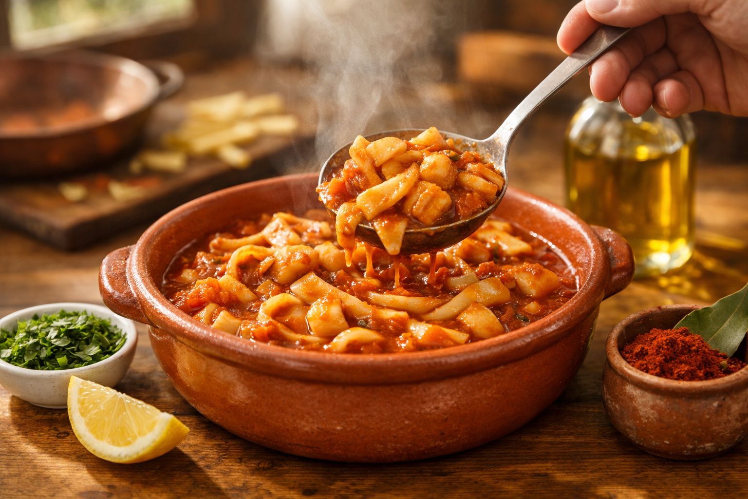 Panela de barro com ensopado de frutos do mar e molho vermelho quente, ao lado de limão, salsa e azeite.